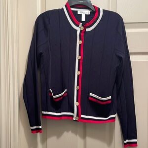 Navy Blue Cardigan with Red and White Trim